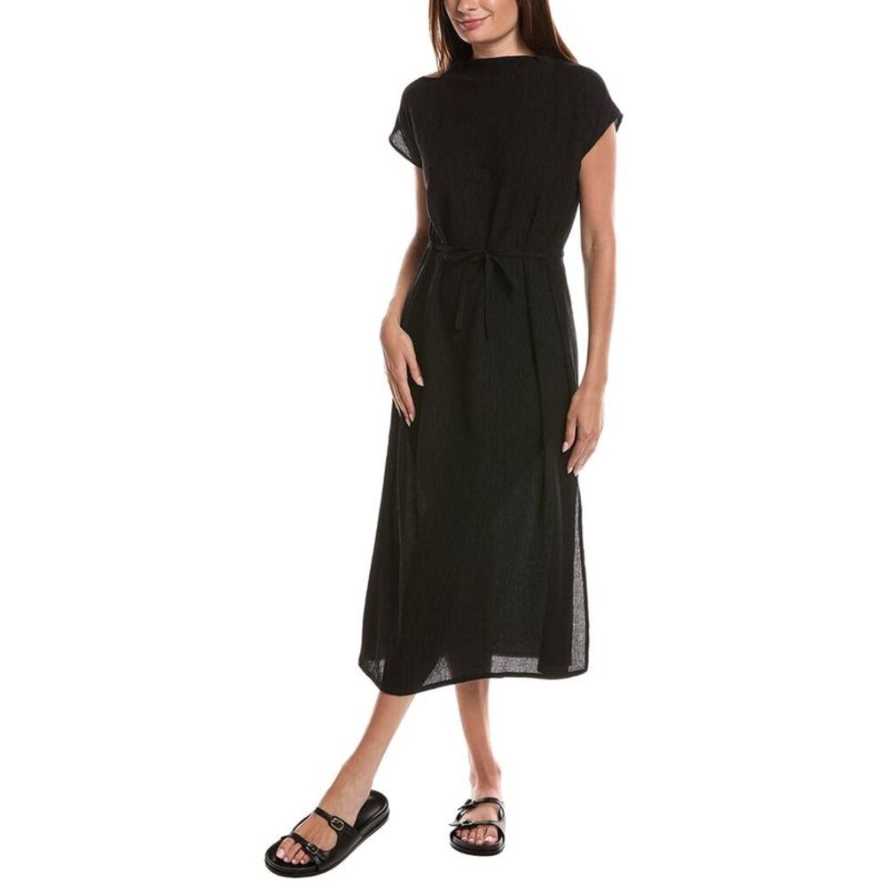 Eileen Fisher Womens Funnel Neck Midi Dress, Black